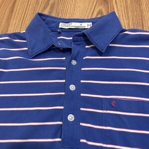 Criquet Polo Shirt Performance Sz. M Striped Blue Pink Short Sleeve Pima Cotton